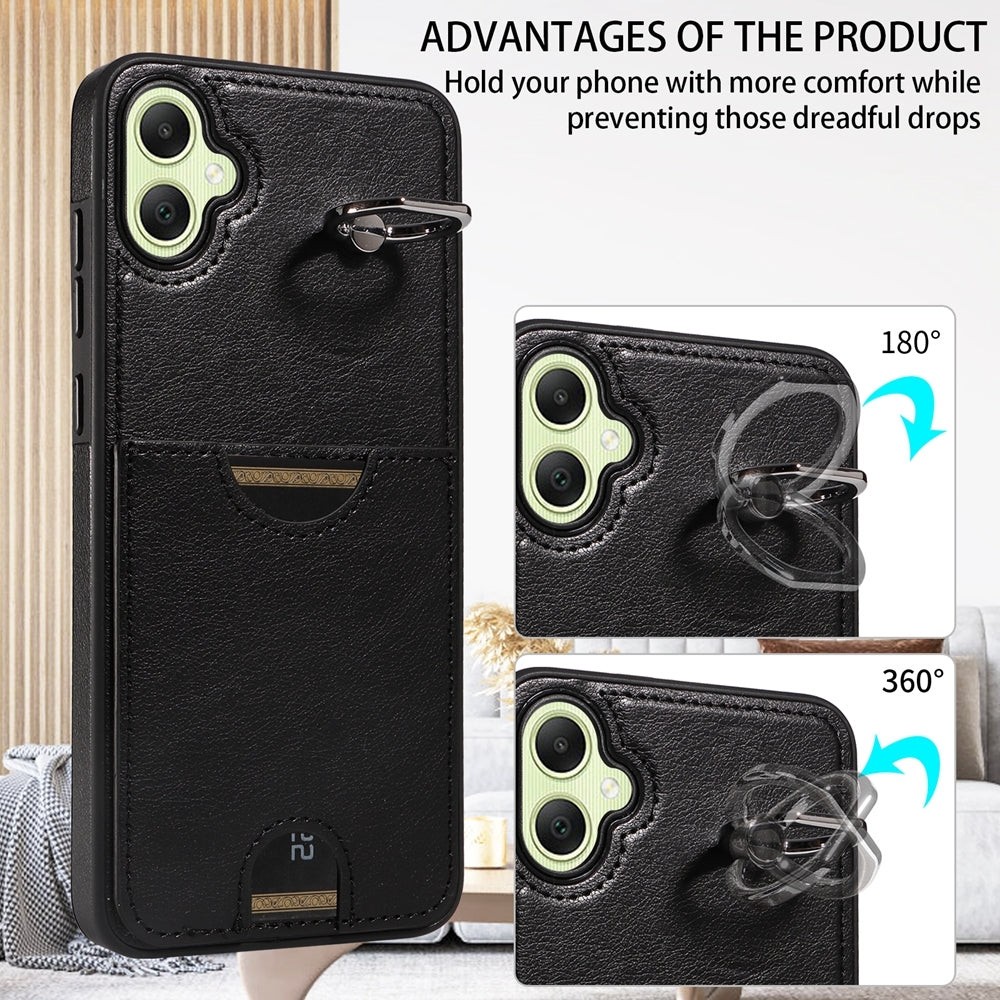 For Samsung Galaxy A05 Calf Texture Card Slot Ring Holder Phone Case