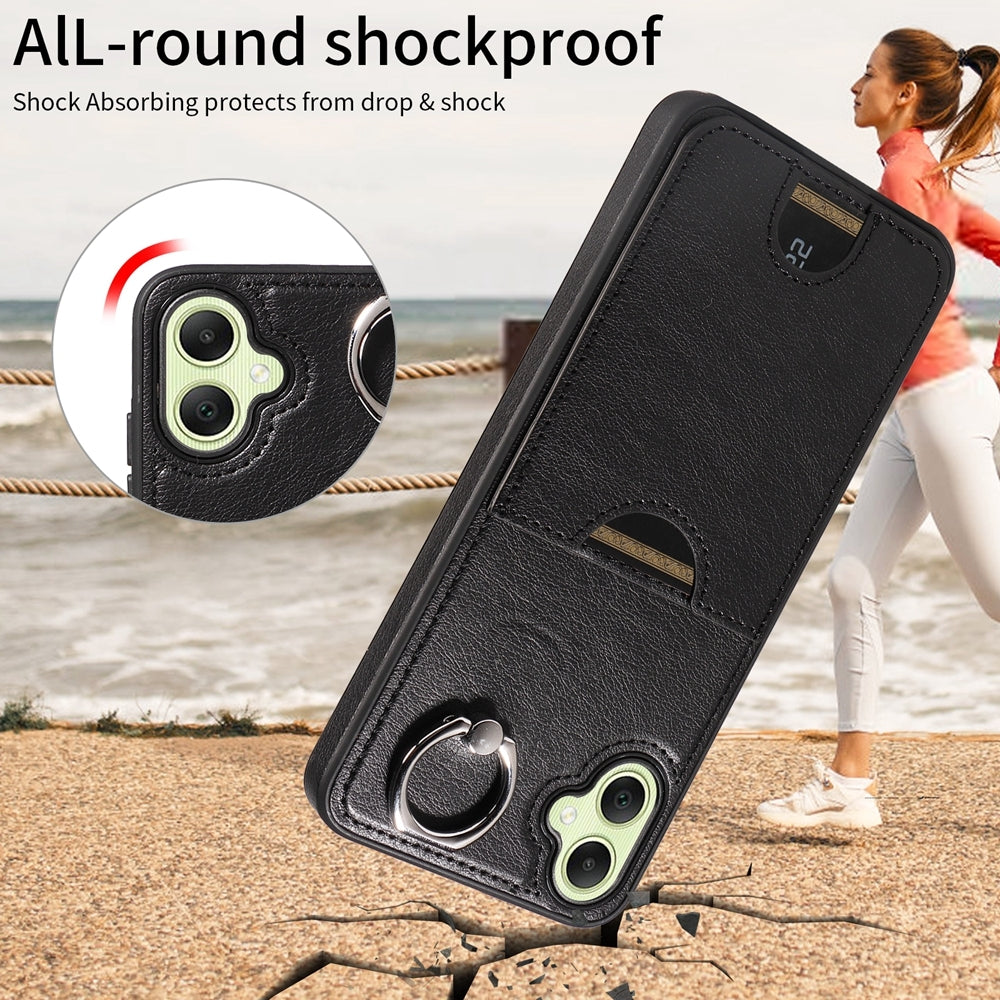 For Samsung Galaxy A05 Calf Texture Card Slot Ring Holder Phone Case