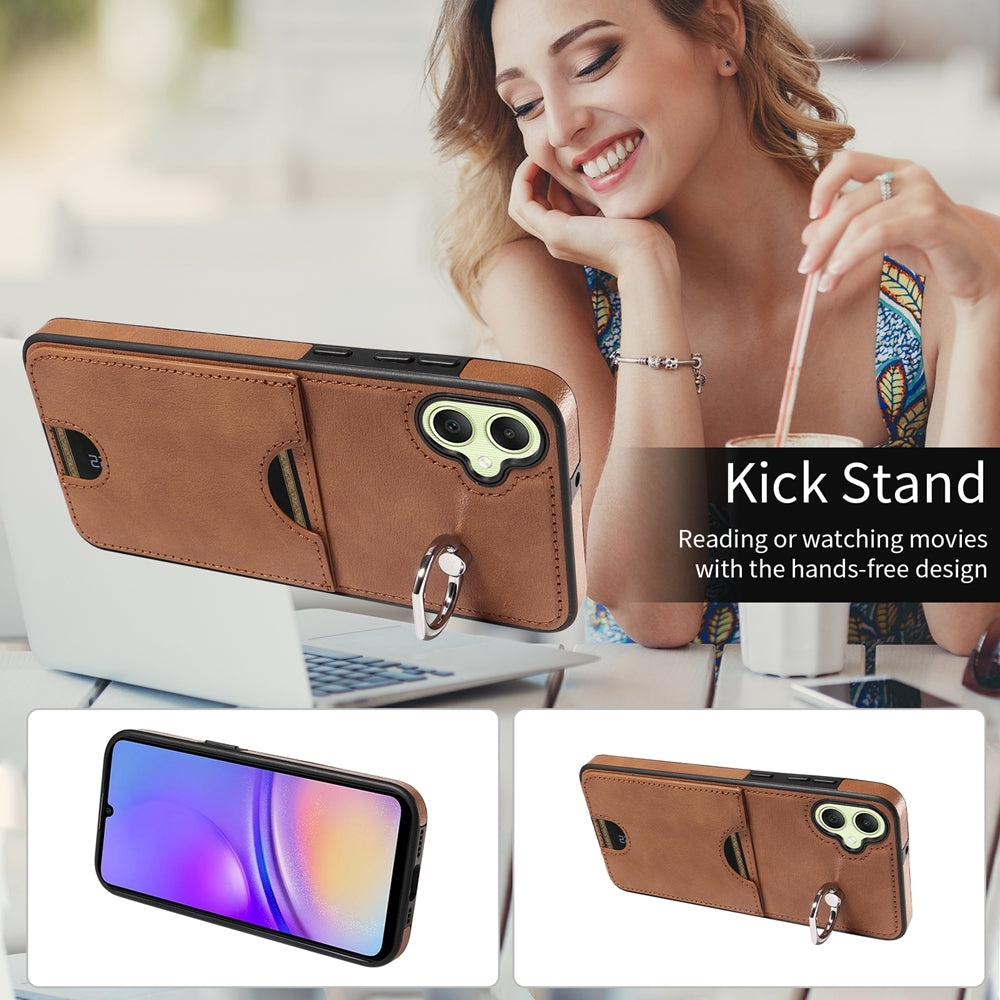 For Samsung Galaxy A05 Calf Texture Card Slot Ring Holder Phone Case