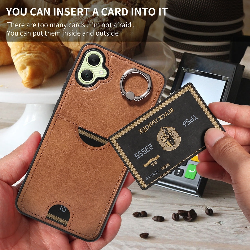 For Samsung Galaxy A05 Calf Texture Card Slot Ring Holder Phone Case