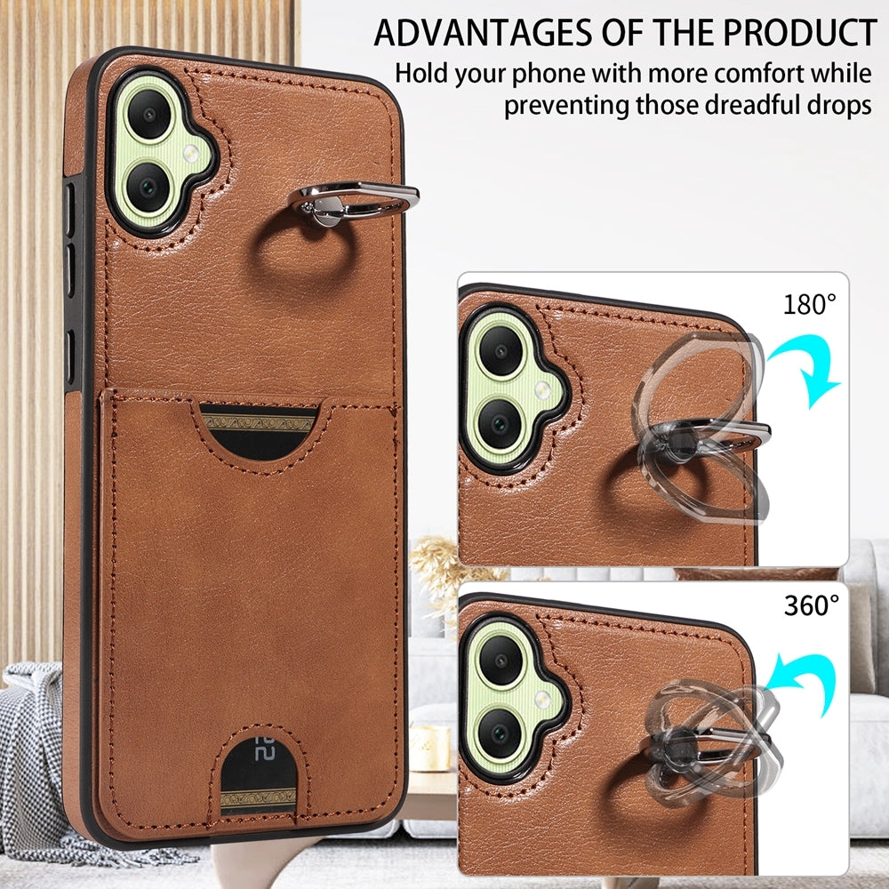For Samsung Galaxy A05 Calf Texture Card Slot Ring Holder Phone Case