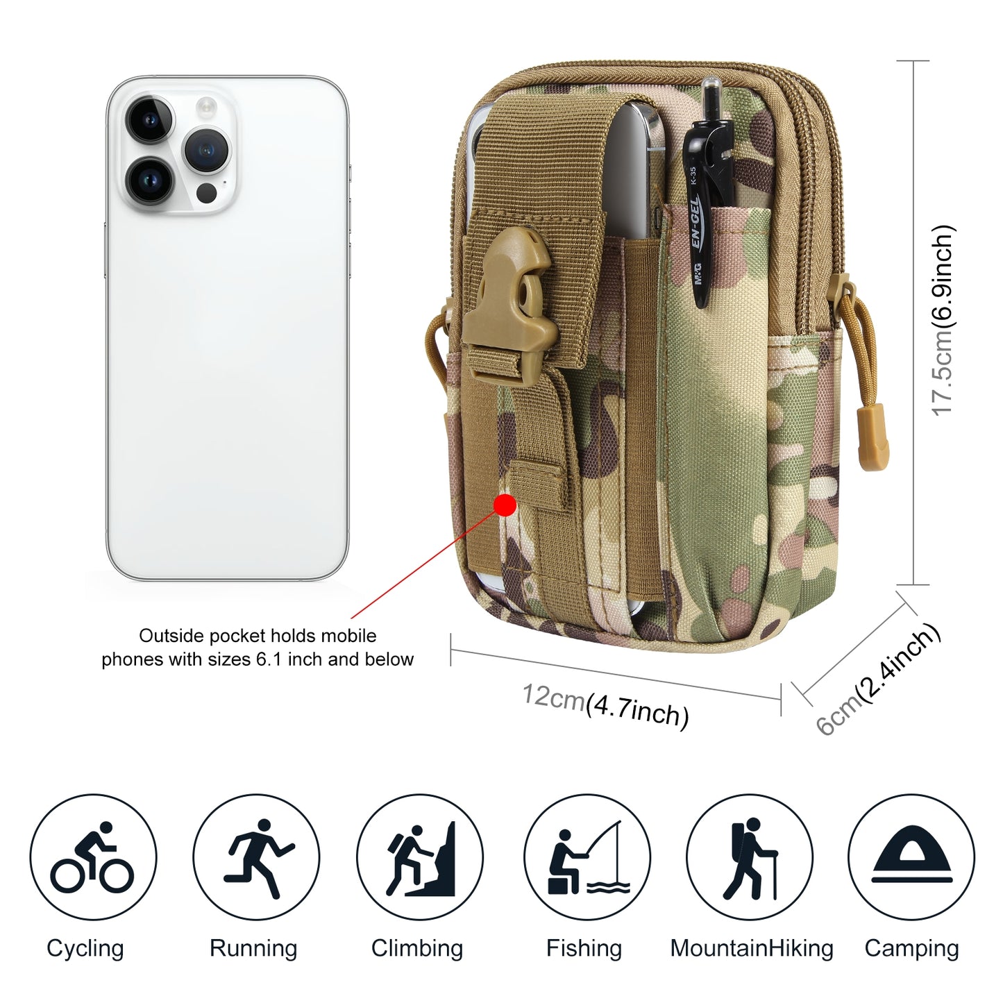 Durable Outdoor Hiking Waist Bag - Splash-Proof 7-Inch Phone Pouch for Sports and Motorcycle