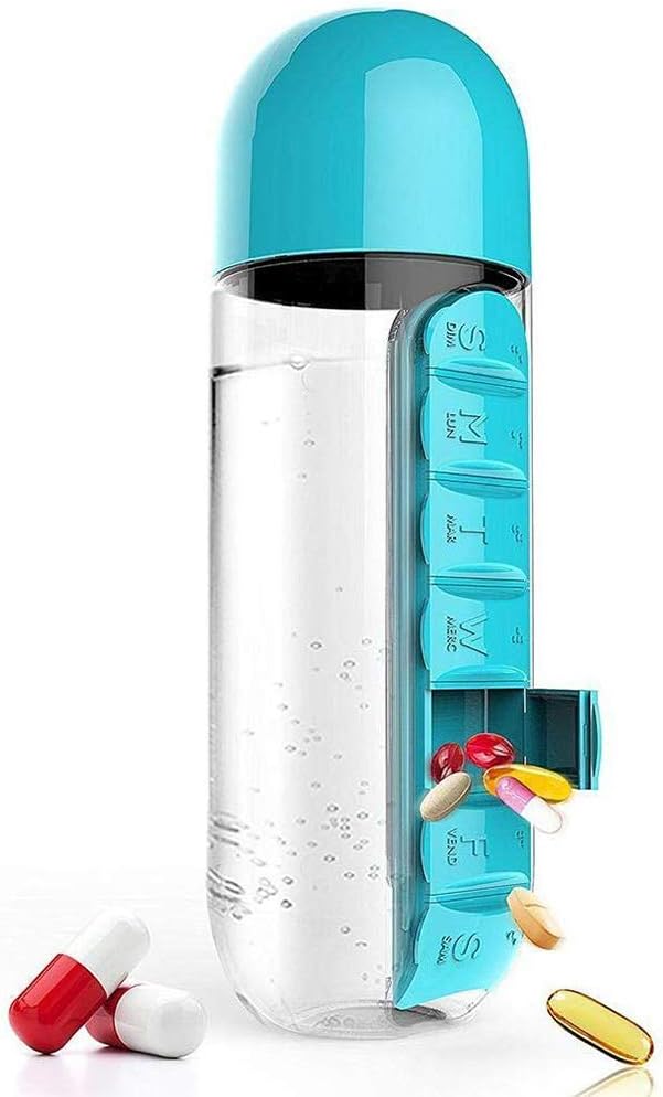 600ML Plastic Water Bottle & Daily Pill Organizer - Leakproof, Portable for Travel