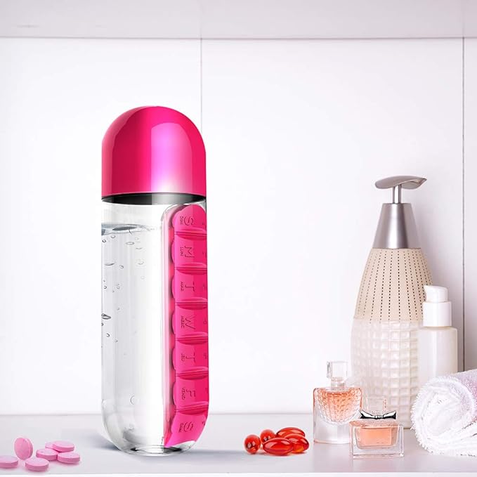 600ML Plastic Water Bottle & Daily Pill Organizer - Leakproof, Portable for Travel