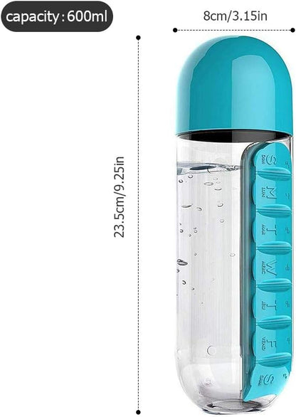 600ML Plastic Water Bottle & Daily Pill Organizer - Leakproof, Portable for Travel