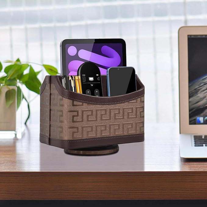 Multifunctional PU Leather Rotating Desk Organizer for Remote and Stationery