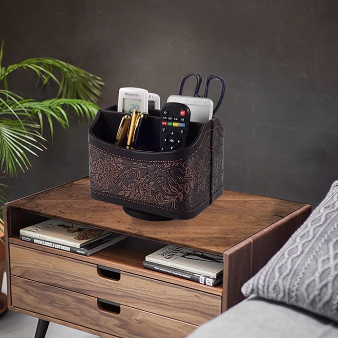 Multifunctional PU Leather Rotating Desk Organizer for Remote and Stationery