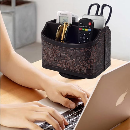 Multifunctional PU Leather Rotating Desk Organizer for Remote and Stationery