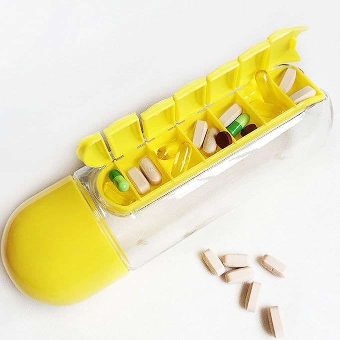 600ML Plastic Water Bottle & Daily Pill Organizer - Leakproof, Portable for Travel