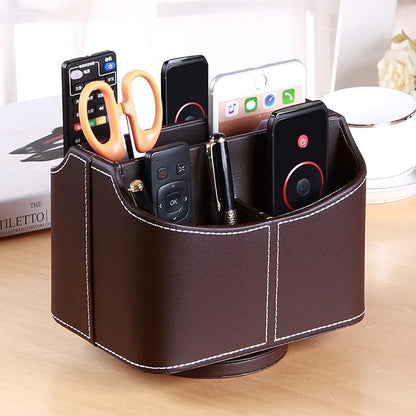 Multifunctional PU Leather Rotating Desk Organizer for Remote and Stationery