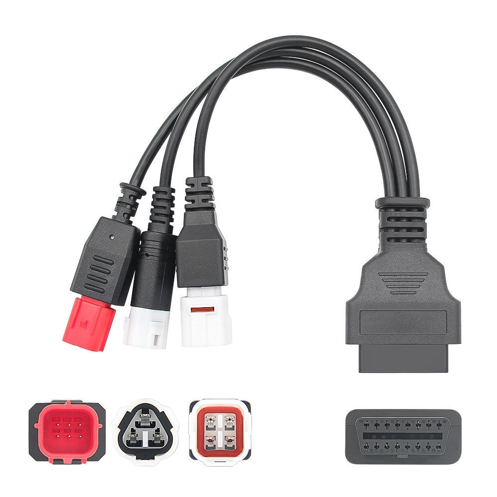 3 in 1 OBDII Connector Cable for Honda & Yamaha Motorcycles - Female to 3 Pin, 4 Pin, 6 Pin Diagnostic Adapter (Red)