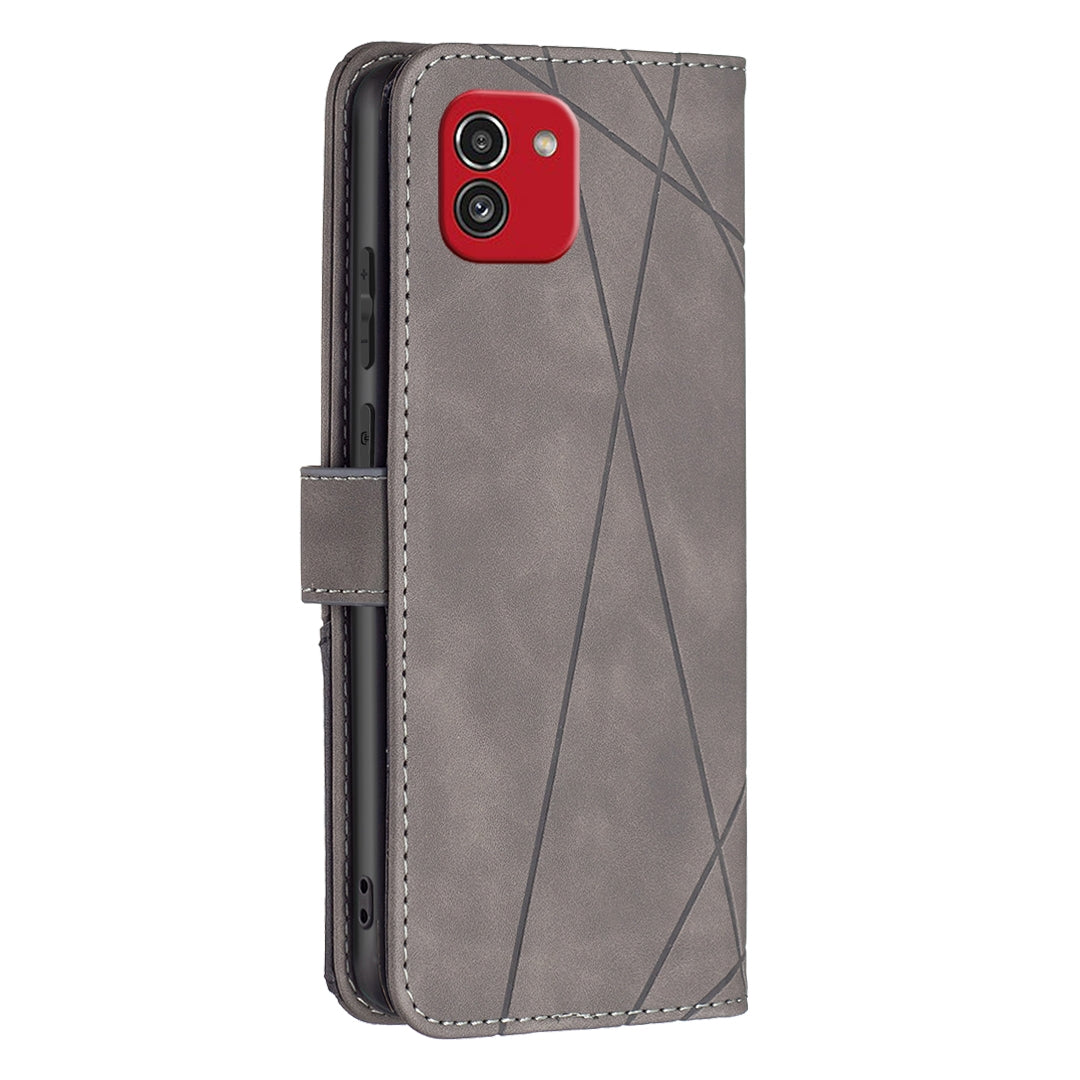 Samsung Galaxy A03 166mm Rhombus Texture Leather Phone Case with Magnetic Buckle and Card Holder