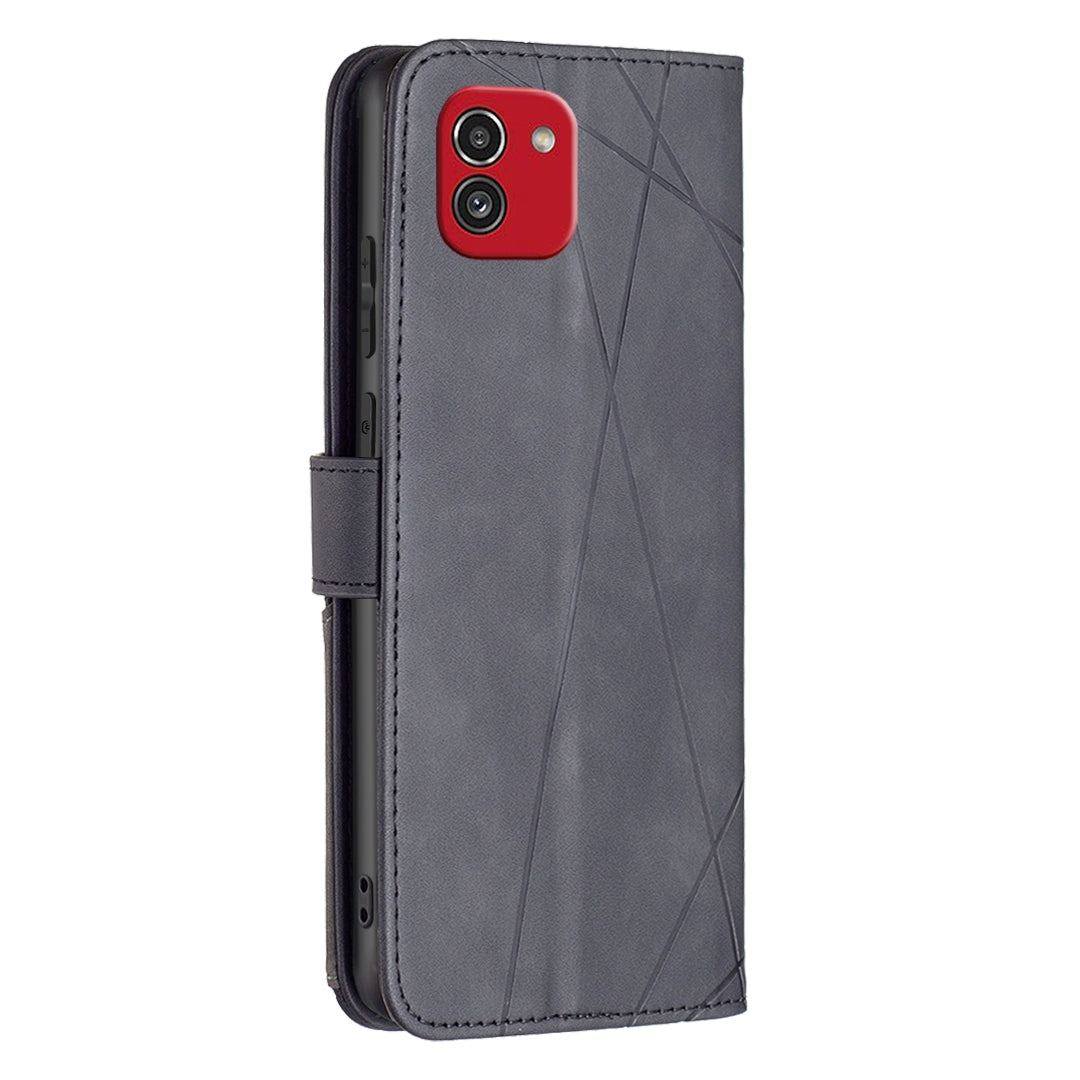 Samsung Galaxy A03 166mm Rhombus Texture Leather Phone Case with Magnetic Buckle and Card Holder