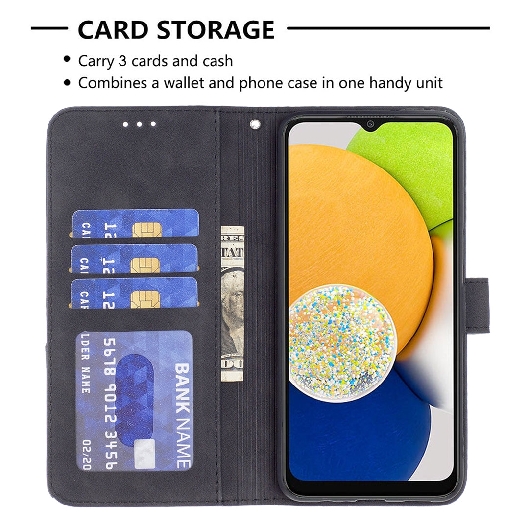 Samsung Galaxy A03 166mm Rhombus Texture Leather Phone Case with Magnetic Buckle and Card Holder