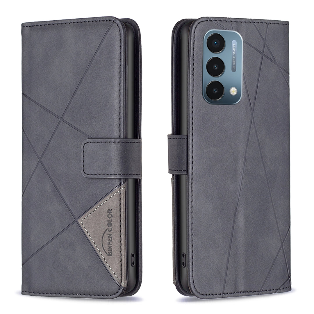 OnePlus Nord N200 5G Rhombus Texture Leather Phone Case with Magnetic Buckle and Card Holder