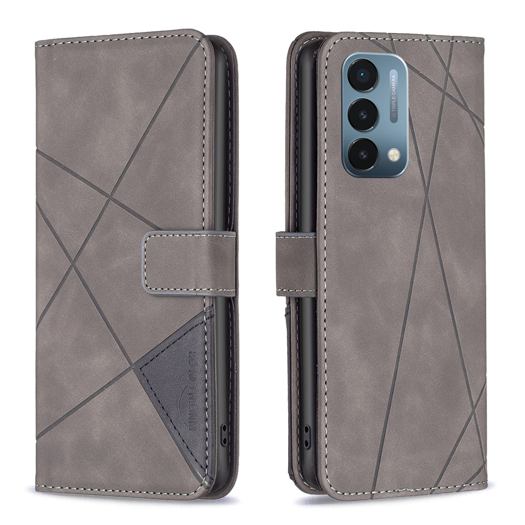 OnePlus Nord N200 5G Rhombus Texture Leather Phone Case with Magnetic Buckle and Card Holder