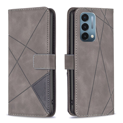 OnePlus Nord N200 5G Rhombus Texture Leather Phone Case with Magnetic Buckle and Card Holder