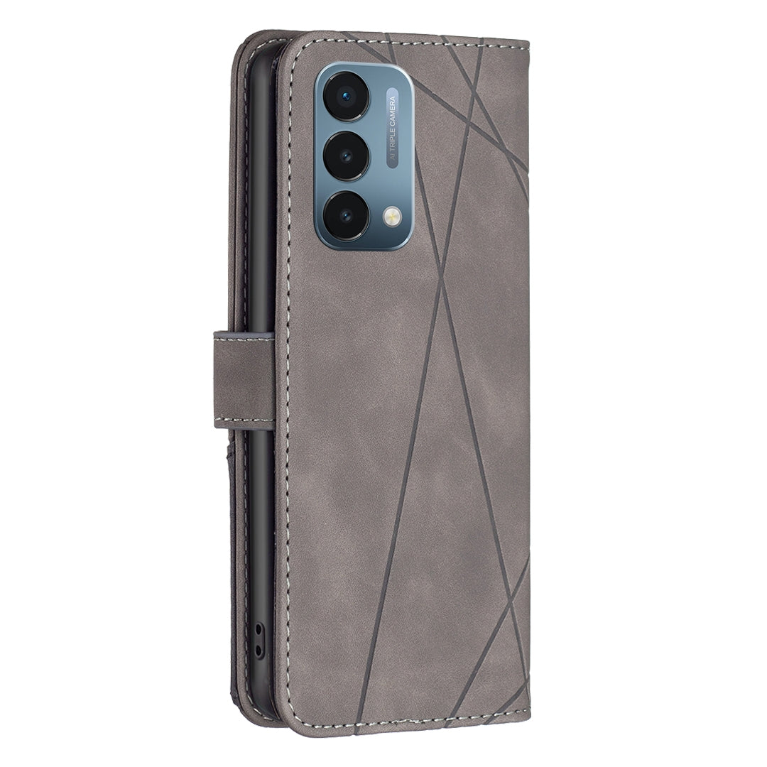 OnePlus Nord N200 5G Rhombus Texture Leather Phone Case with Magnetic Buckle and Card Holder