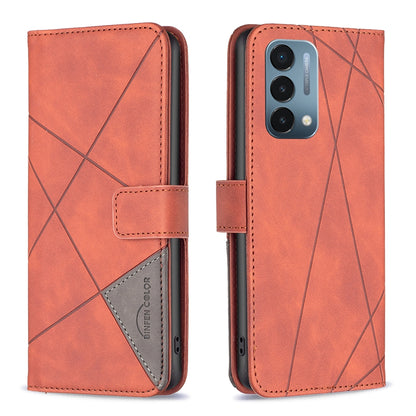 OnePlus Nord N200 5G Rhombus Texture Leather Phone Case with Magnetic Buckle and Card Holder