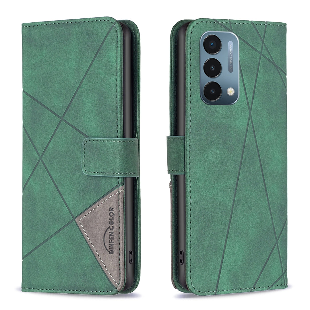 OnePlus Nord N200 5G Rhombus Texture Leather Phone Case with Magnetic Buckle and Card Holder