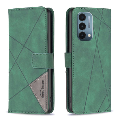 OnePlus Nord N200 5G Rhombus Texture Leather Phone Case with Magnetic Buckle and Card Holder