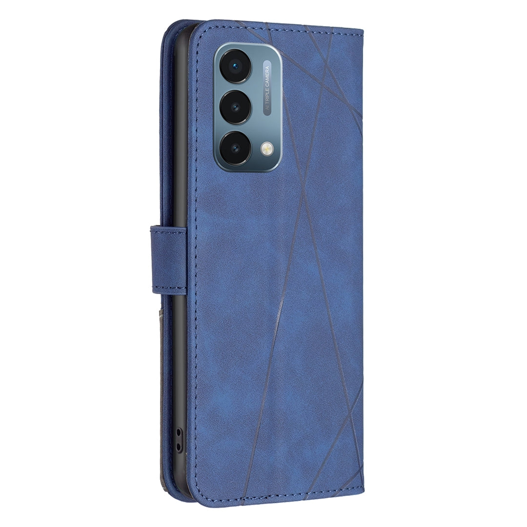 OnePlus Nord N200 5G Rhombus Texture Leather Phone Case with Magnetic Buckle and Card Holder