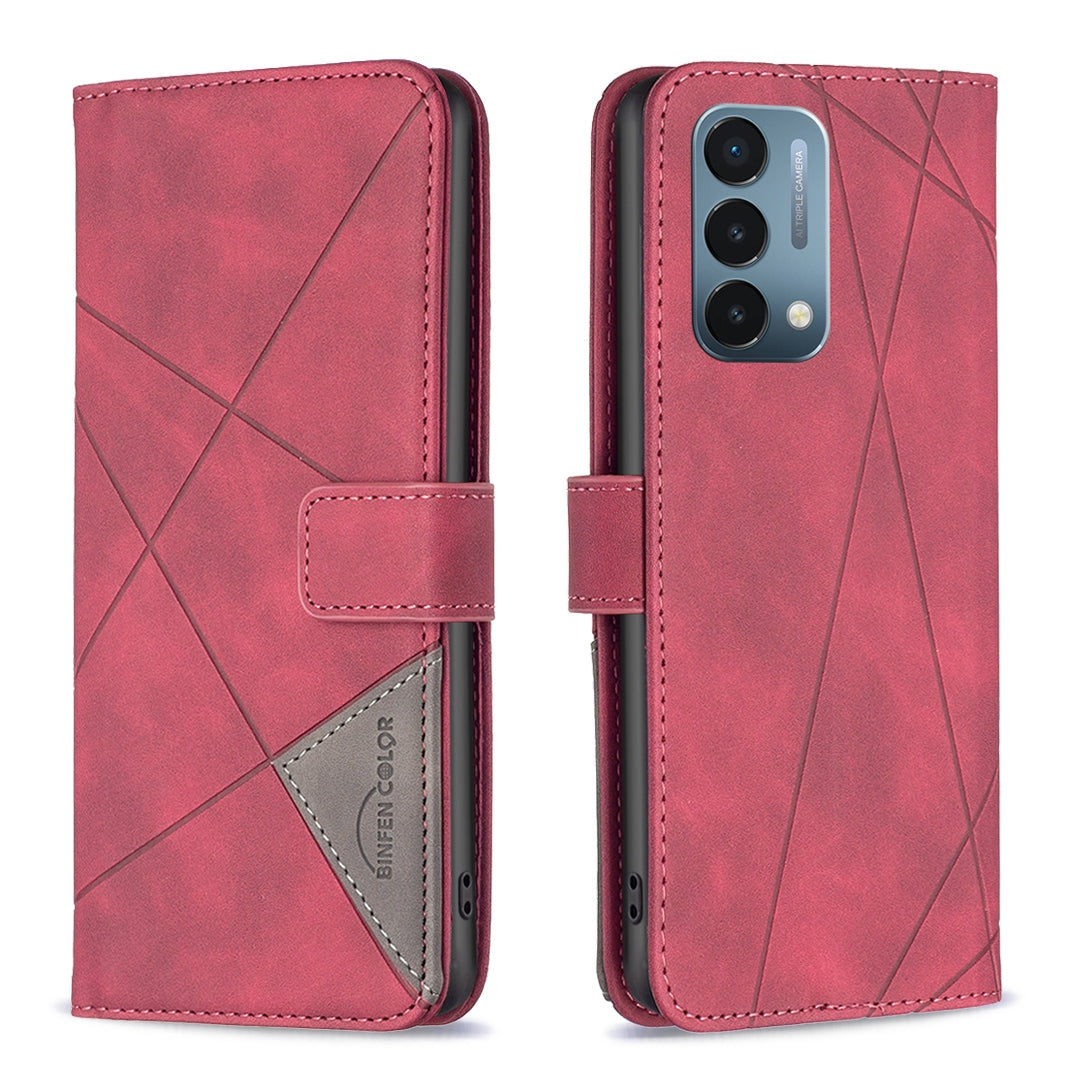 OnePlus Nord N200 5G Rhombus Texture Leather Phone Case with Magnetic Buckle and Card Holder
