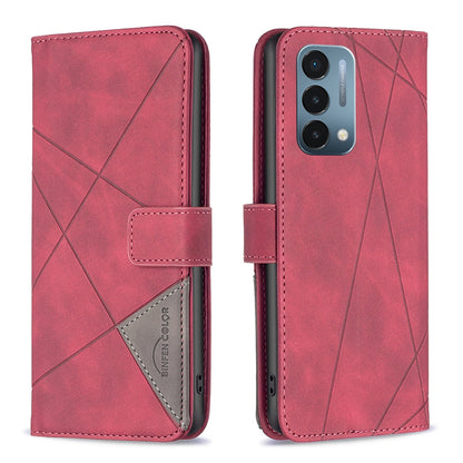 OnePlus Nord N200 5G Rhombus Texture Leather Phone Case with Magnetic Buckle and Card Holder