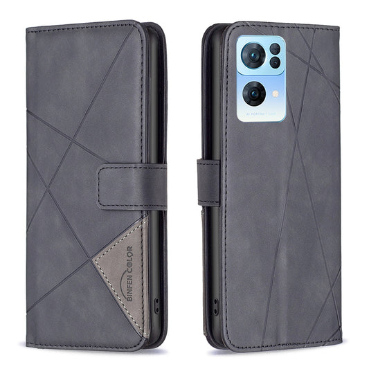 OPPO Reno7 5G Global Rhombus Texture Leather Phone Case with Magnetic Buckle and Card Holder