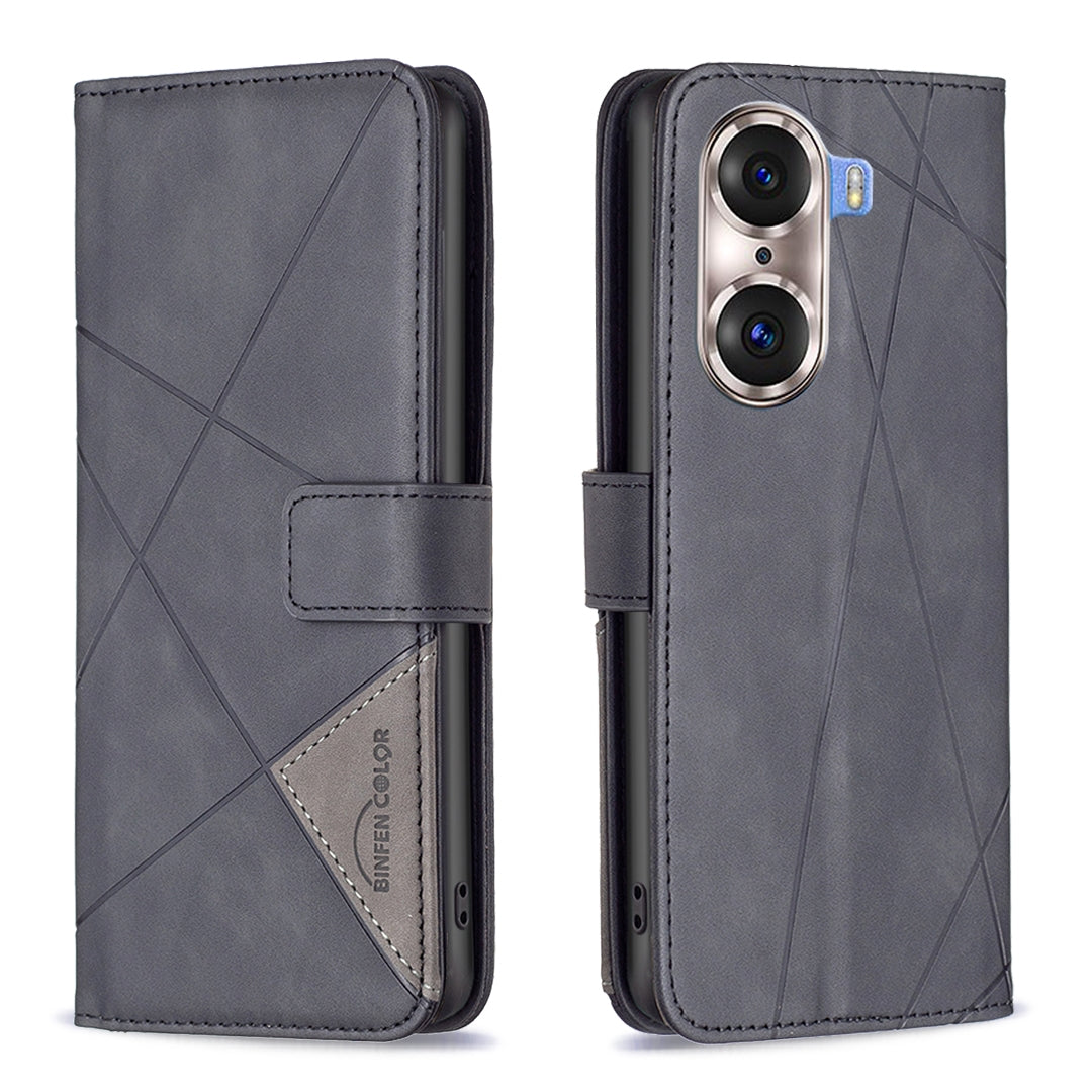 Honor 60 Pro Rhombus Texture Leather Phone Case with Magnetic Buckle and Card Holder