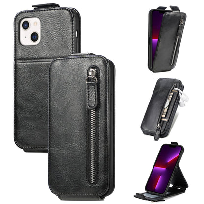 iPhone 13 mini Zipper Wallet Case - Vertical Flip Leather Phone Cover with Multiple Card Slots and Stand