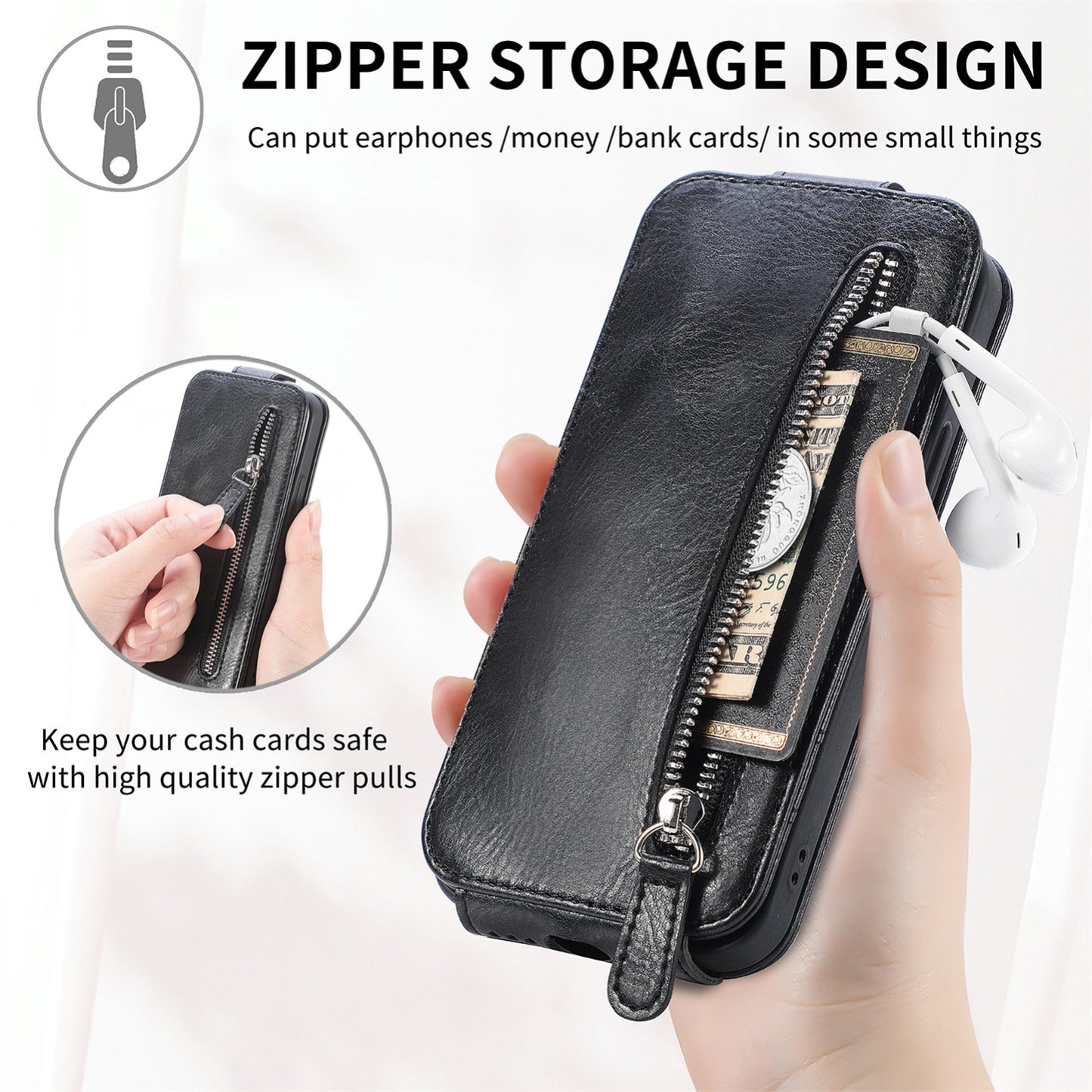 iPhone 13 mini Zipper Wallet Case - Vertical Flip Leather Phone Cover with Multiple Card Slots and Stand