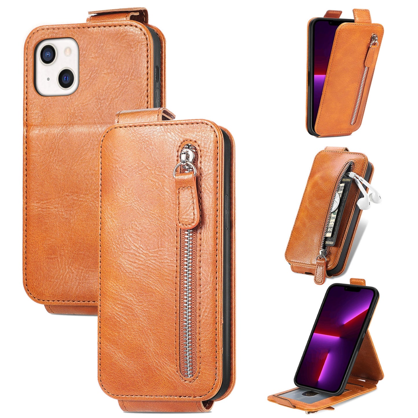 iPhone 13 mini Zipper Wallet Case - Vertical Flip Leather Phone Cover with Multiple Card Slots and Stand