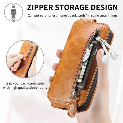 iPhone 13 mini Zipper Wallet Case - Vertical Flip Leather Phone Cover with Multiple Card Slots and Stand