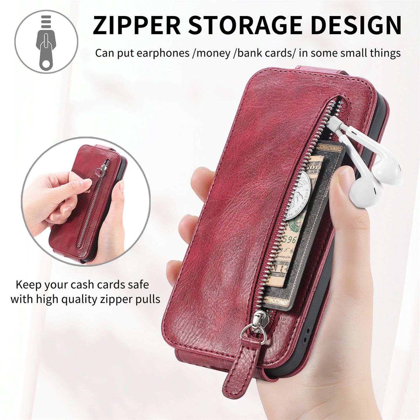 iPhone 13 mini Zipper Wallet Case - Vertical Flip Leather Phone Cover with Multiple Card Slots and Stand