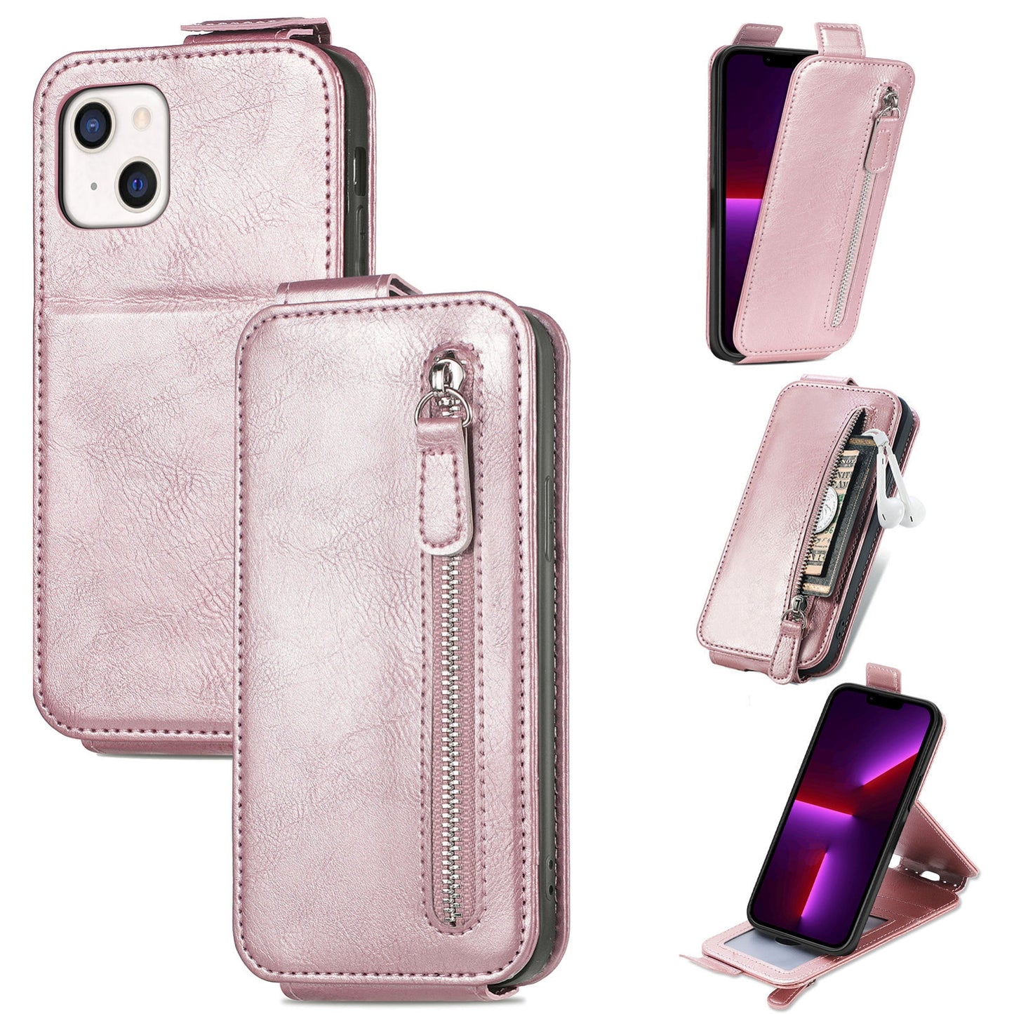 iPhone 13 mini Zipper Wallet Case - Vertical Flip Leather Phone Cover with Multiple Card Slots and Stand