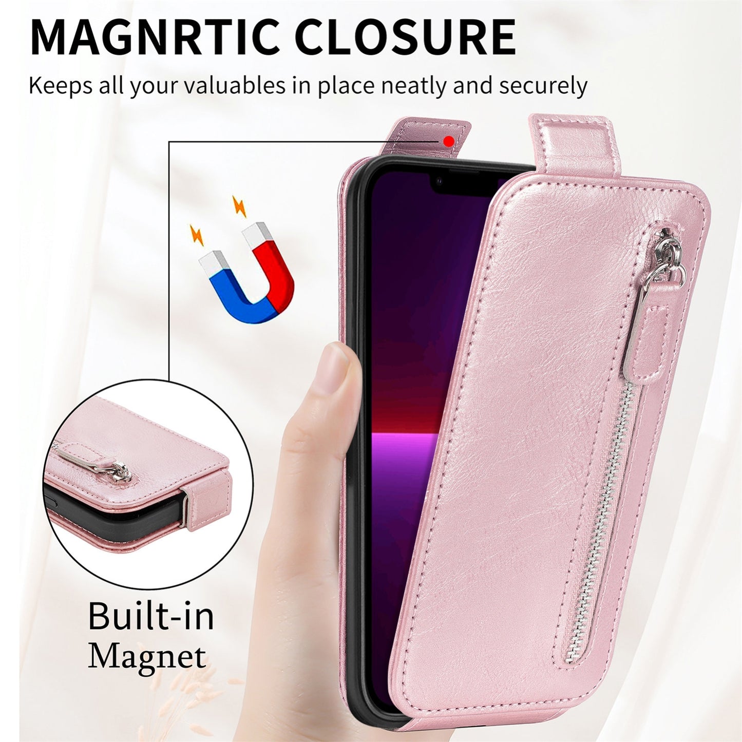 iPhone 13 mini Zipper Wallet Case - Vertical Flip Leather Phone Cover with Multiple Card Slots and Stand