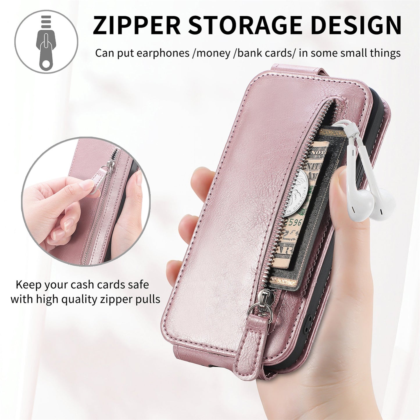 iPhone 13 mini Zipper Wallet Case - Vertical Flip Leather Phone Cover with Multiple Card Slots and Stand