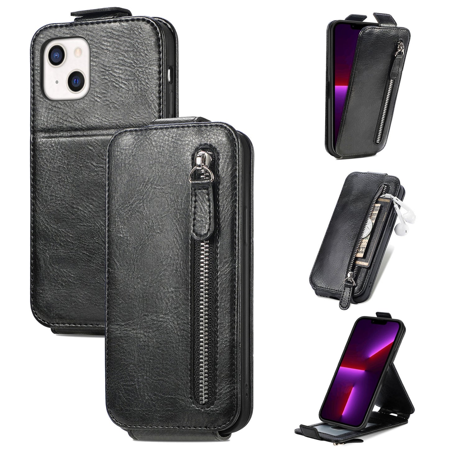 iPhone 13 Zipper Wallet Case - Vertical Flip Leather Phone Cover with Multiple Card Slots and Stand