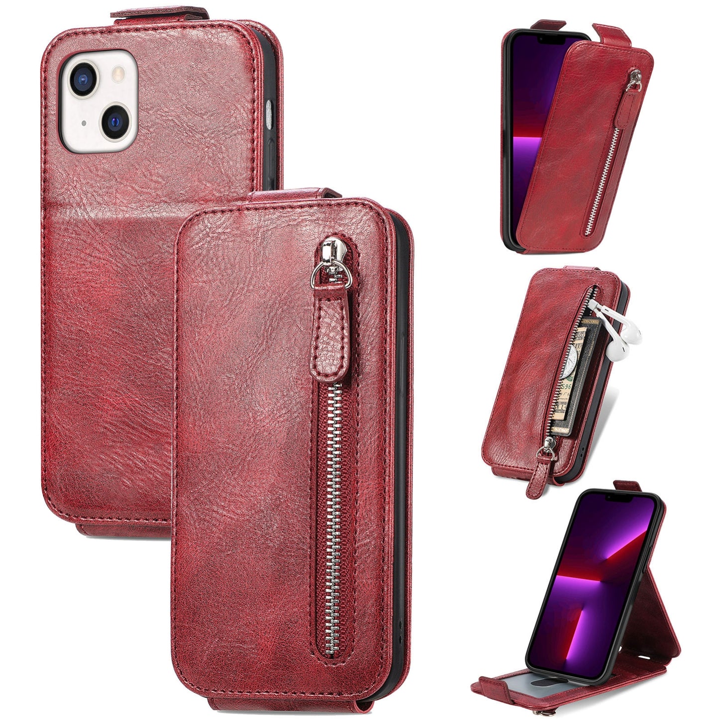 iPhone 13 Zipper Wallet Case - Vertical Flip Leather Phone Cover with Multiple Card Slots and Stand