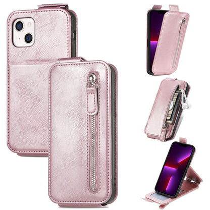 iPhone 13 Zipper Wallet Case - Vertical Flip Leather Phone Cover with Multiple Card Slots and Stand