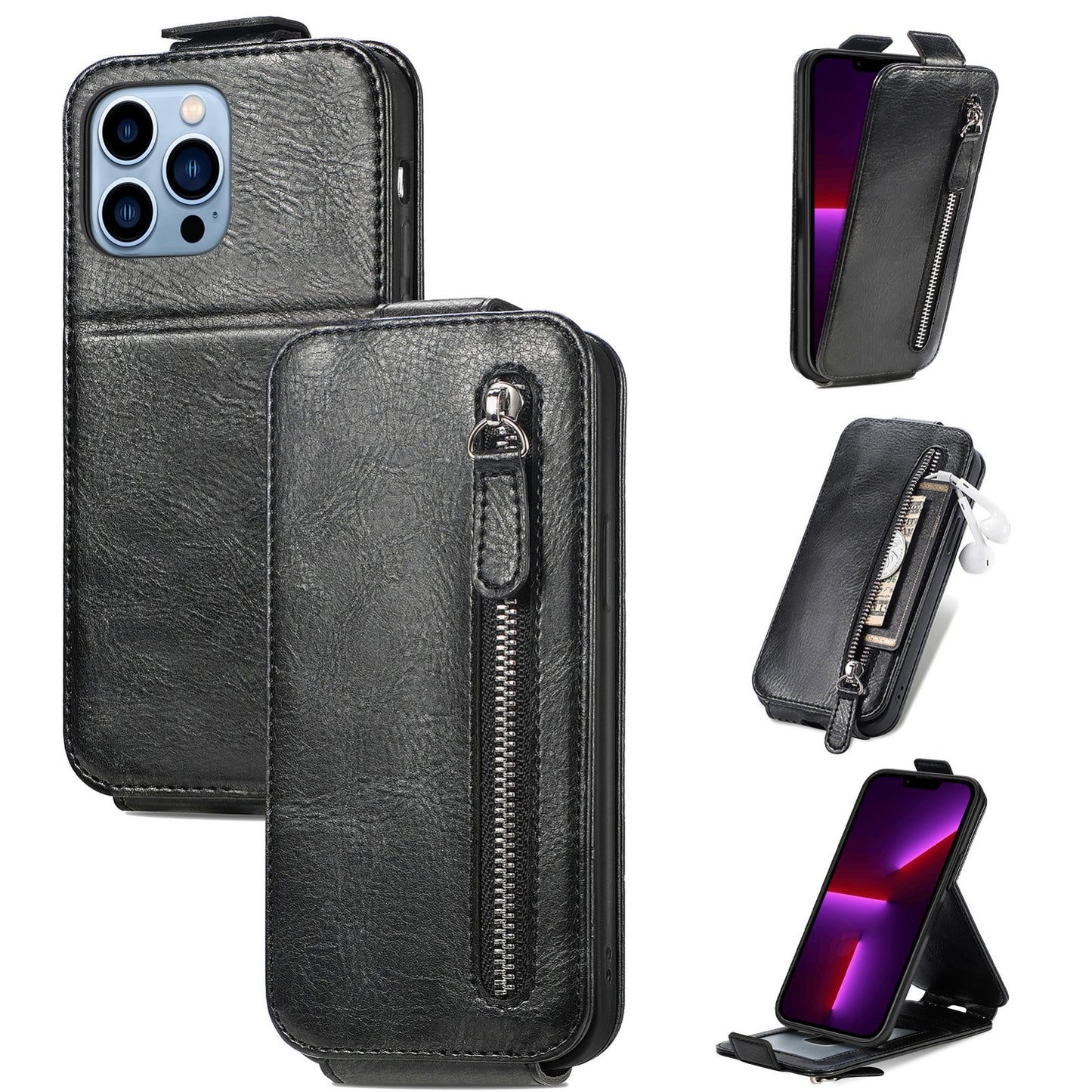 iPhone 13 Pro Zipper Wallet Case - Vertical Flip Leather Phone Cover with Multiple Card Slots and Stand