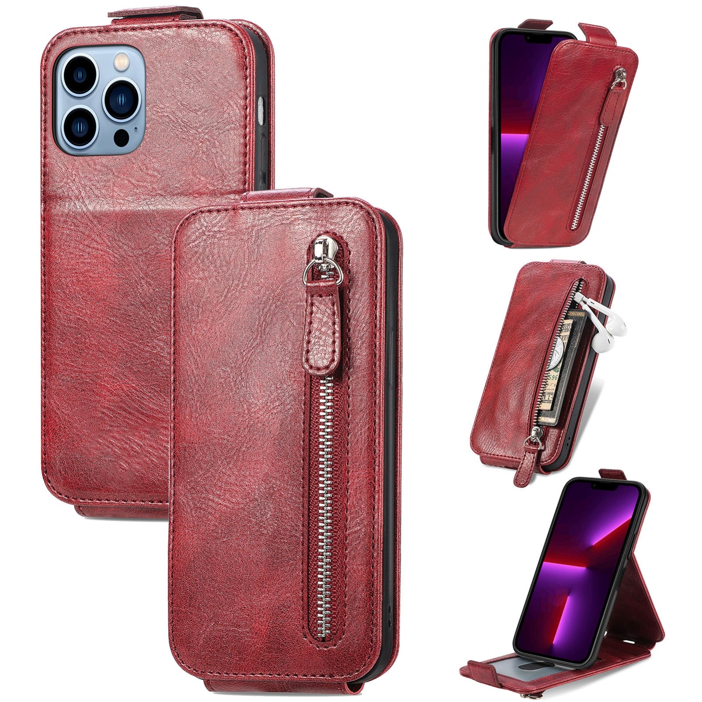 iPhone 13 Pro Zipper Wallet Case - Vertical Flip Leather Phone Cover with Multiple Card Slots and Stand