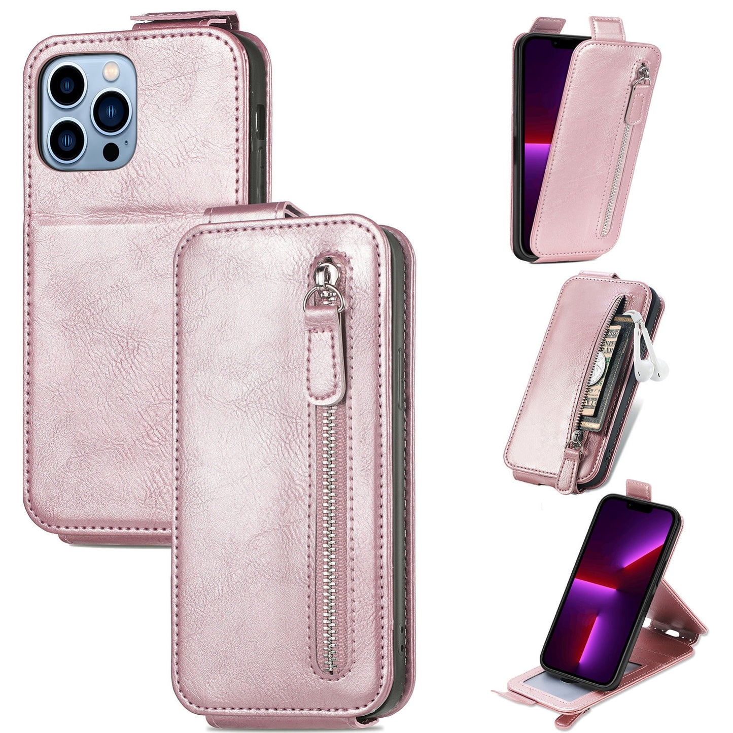 iPhone 13 Pro Zipper Wallet Case - Vertical Flip Leather Phone Cover with Multiple Card Slots and Stand