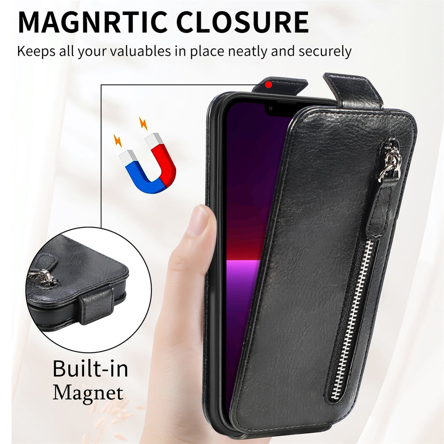 iPhone 13 Pro Max Zipper Wallet Case - Vertical Flip Leather Phone Cover with Multiple Card Slots and Stand