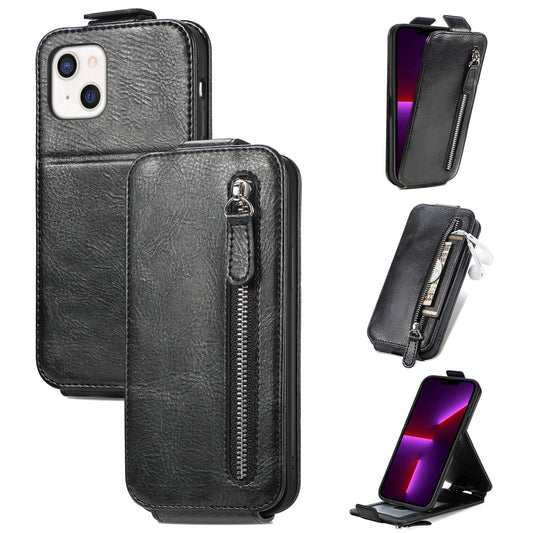iPhone 12 mini Zipper Wallet Case - Vertical Flip Leather Phone Cover with Multiple Card Slots and Stand