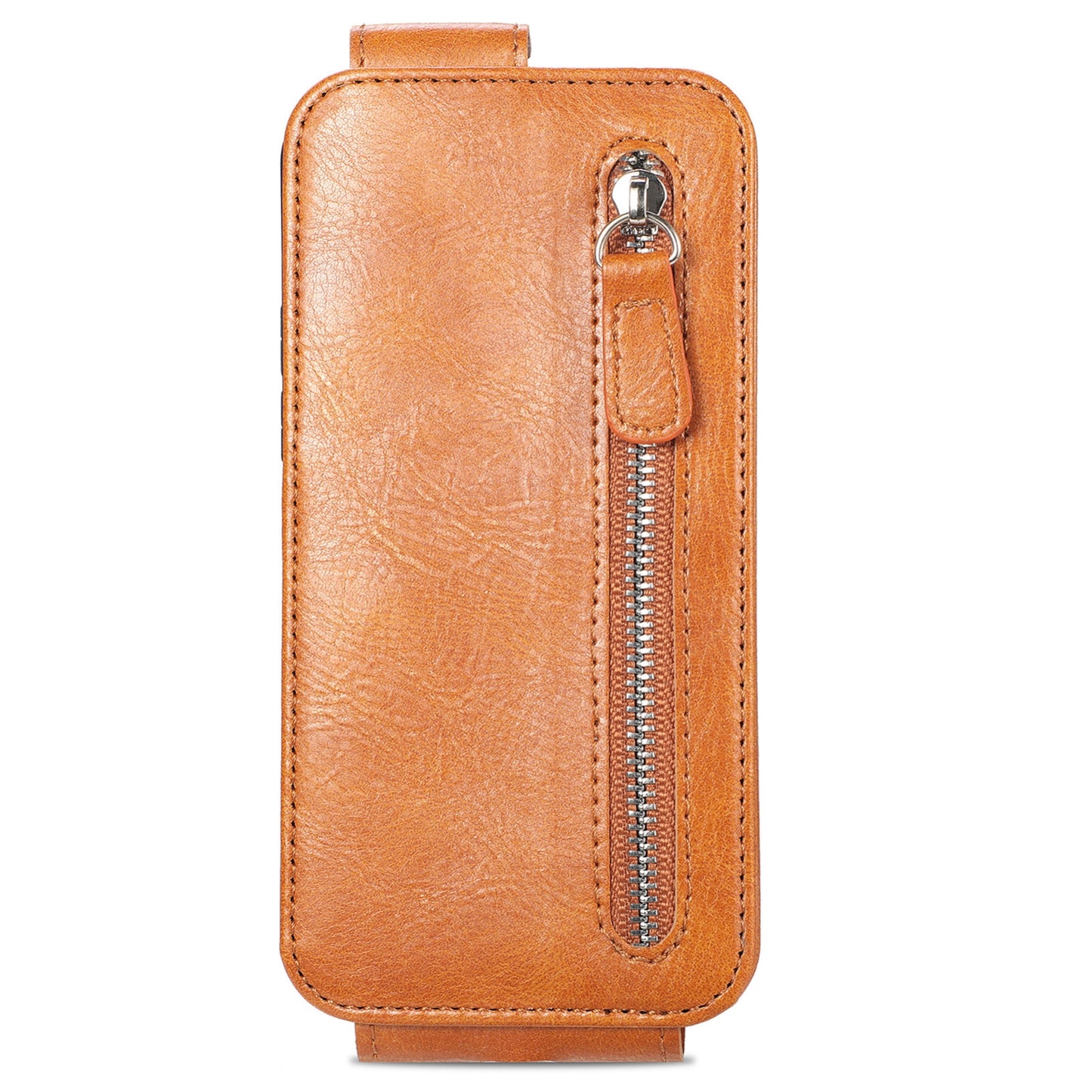 iPhone 12 mini Zipper Wallet Case - Vertical Flip Leather Phone Cover with Multiple Card Slots and Stand