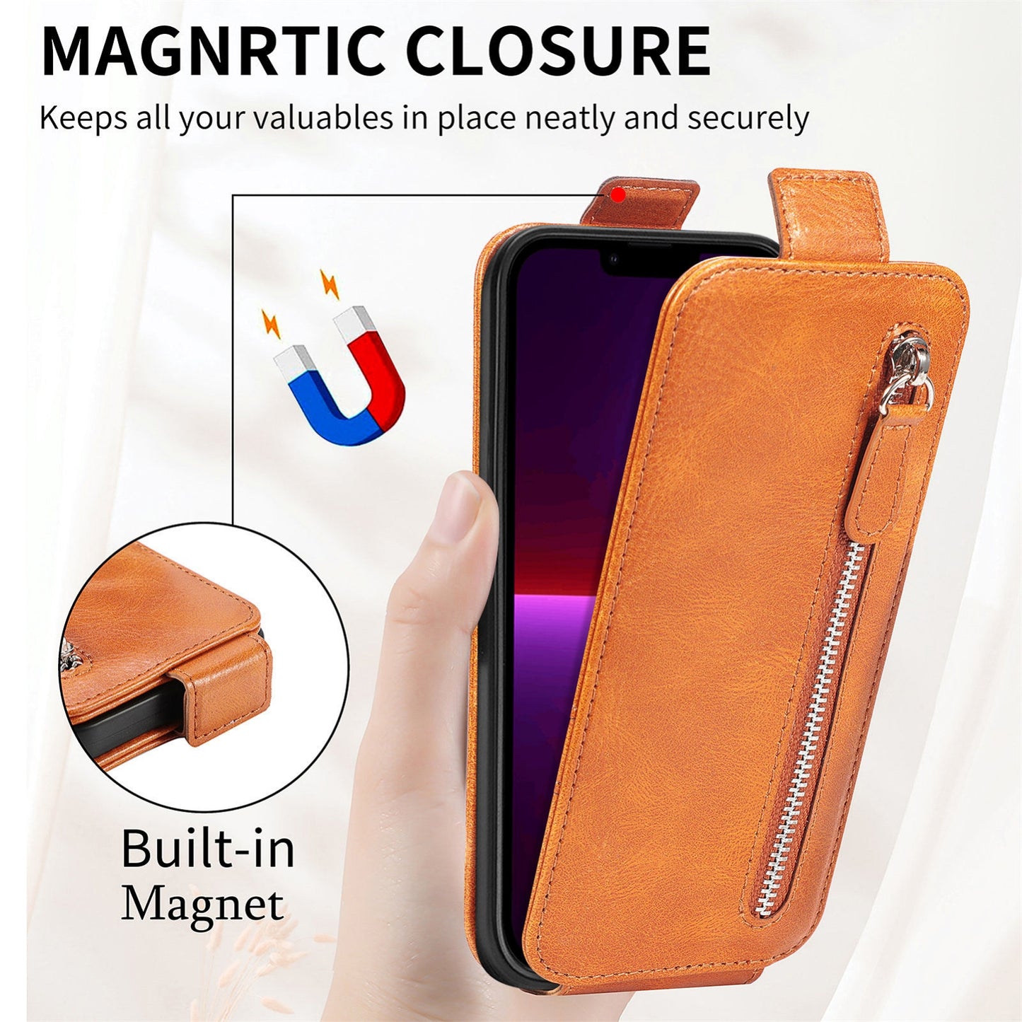 iPhone 12 mini Zipper Wallet Case - Vertical Flip Leather Phone Cover with Multiple Card Slots and Stand