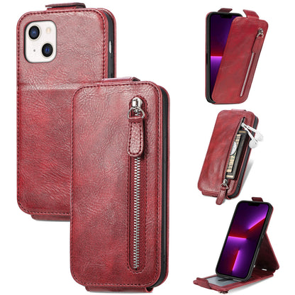 iPhone 12 mini Zipper Wallet Case - Vertical Flip Leather Phone Cover with Multiple Card Slots and Stand