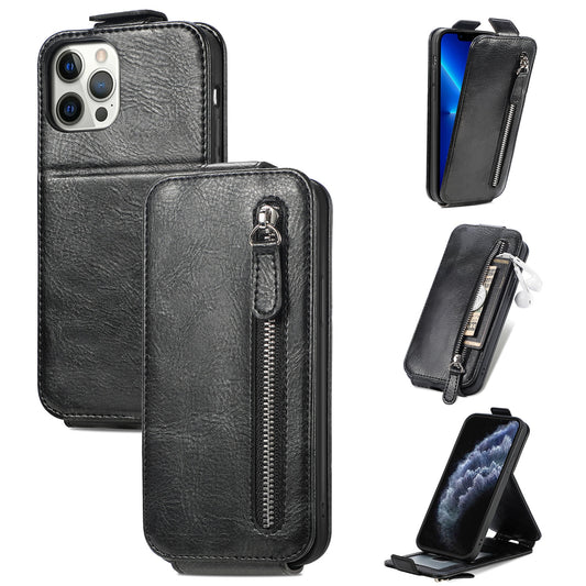 iPhone 12 Zipper Wallet Case - Vertical Flip Leather Phone Cover with Multiple Card Slots and Stand